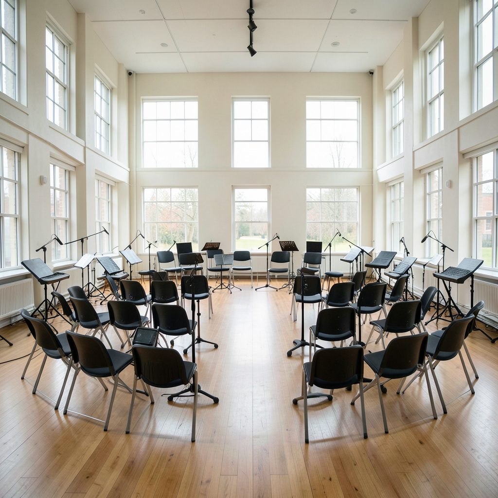 A wide rehearsal hall with instrument stands and chairs arranged in a loose circle, lit by soft natural light from tall windows