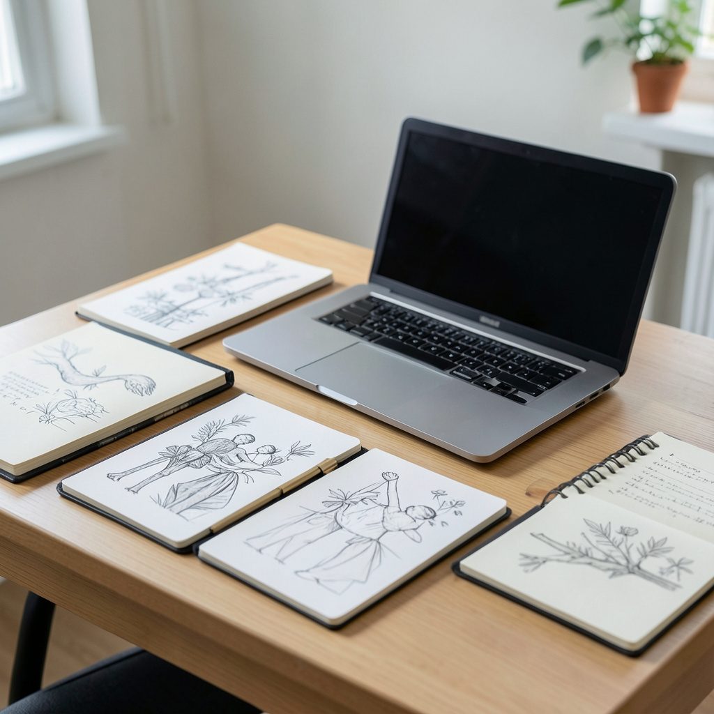 A quiet study table with notebooks, sketchpads, and an open laptop, suggesting the planning and writing side of arts education