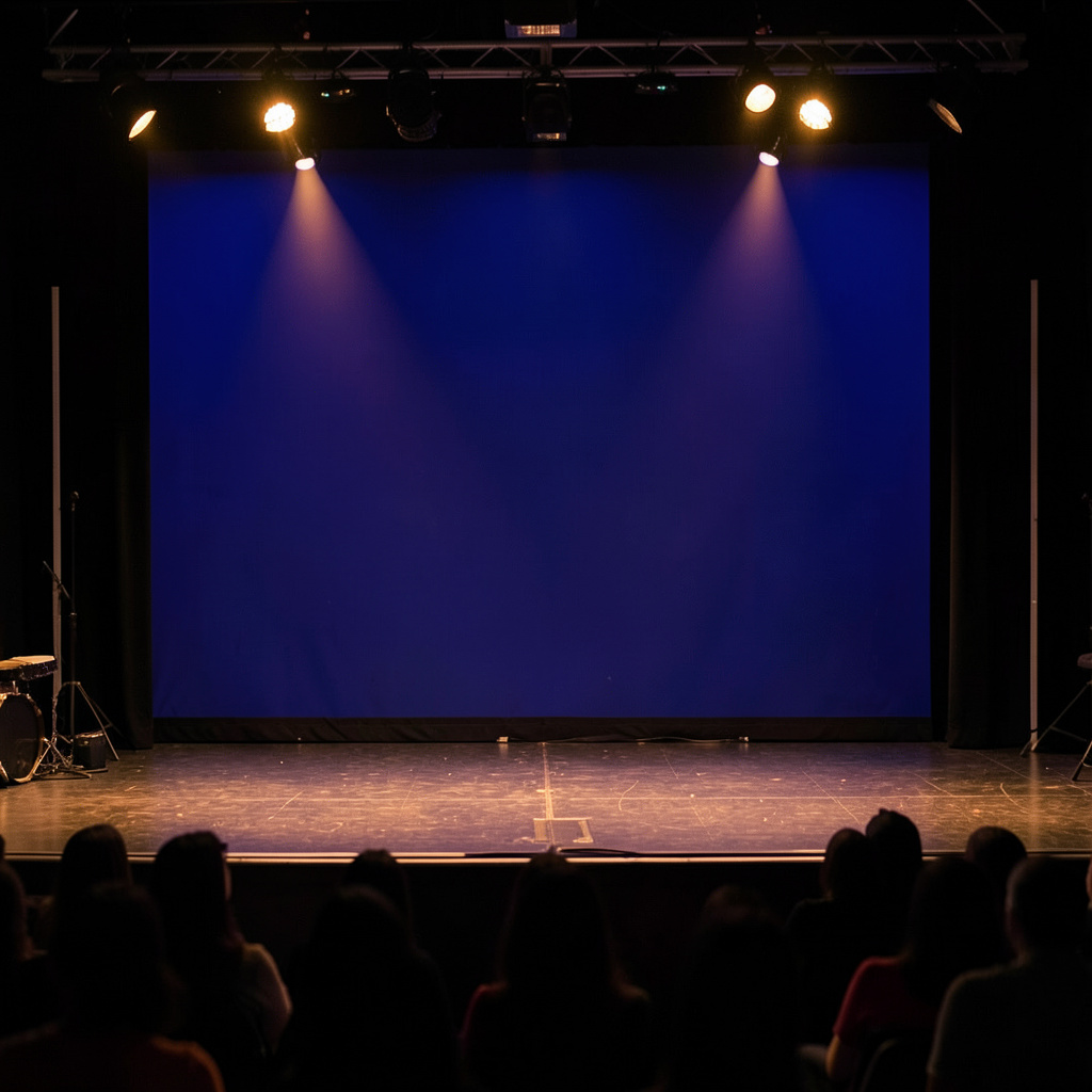 Warm amber stage lights glowing against a deep indigo backdrop, suggesting an open performance space for young artists